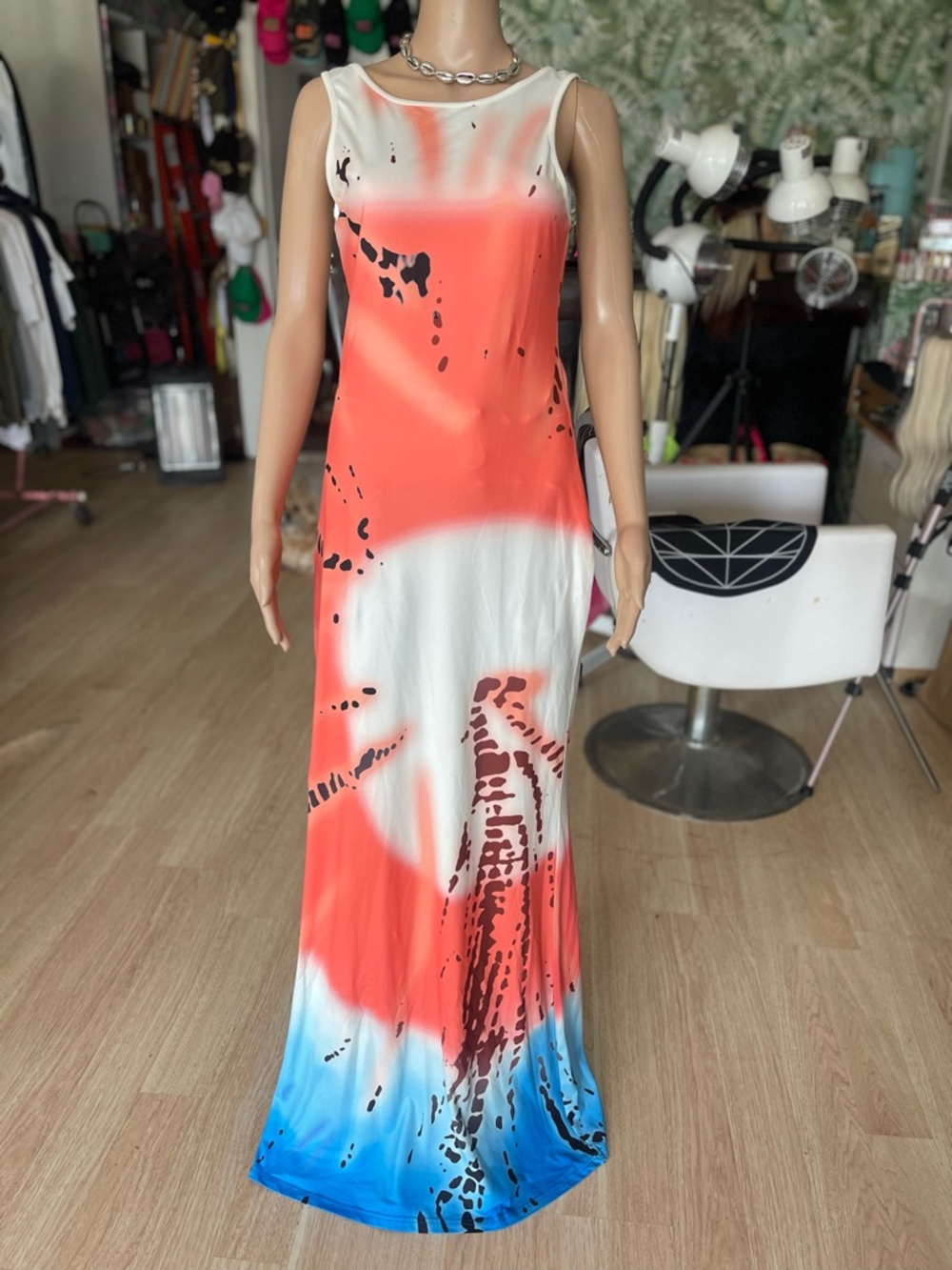 Sleeveless Coral, White & Blue Ombre Maxi Dress